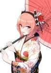  1girl absurdres alternate_costume alternate_hairstyle commentary_request eyebrows_visible_through_hair eyes_visible_through_hair floral_print flower girls_frontline greem_bang hair_bun hair_flower hair_ornament highres japanese_clothes kimono m4_sopmod_ii_(girls_frontline) pink_hair red_eyes solo tongue tongue_out umbrella white_background 