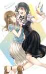  2girls ;d ankle_strap arm_around_waist bangs black_dress black_hair blue_shirt blush bracelet brown_footwear brown_hair dated dress floral_print frilled_sleeves frills hair_ornament haru_hina highres jewelry kunikida_hanamaru long_hair looking_at_viewer love_live! love_live!_sunshine!! medium_skirt multiple_girls necklace one_eye_closed open_mouth pinafore_dress pleated_skirt print_shirt sandals shirt short_sleeves side_bun signature skirt smile star star_hair_ornament star_print starry_background tanabata tanzaku tsushima_yoshiko violet_eyes white_skirt yellow_eyes 