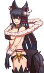  1girl animal_ears backless_outfit bangs bell black_gloves blunt_bangs breasts commentary_request erune fang fox_ears fox_tail fur fur_trim gloves granblue_fantasy hair_bell hair_ornament jingle_bell large_breasts long_hair looking_at_viewer michihasu red_eyes sideboob smile tail thigh-highs yuel_(granblue_fantasy) 