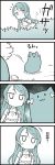  1girl 4koma :3 animalization aqua_hair bang_dream! bow bush cat catchphrase comic hair_bow hikawa_hina hikawa_sayo jitome monochrome no_mouth notice_lines rock shield solo sweatdrop toto_nemigi translation_request 