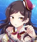  1girl bangs black_rabbit blue_background brown_hair detached_collar earrings floating_hair hat highres idolmaster idolmaster_million_live! jewelry kitazawa_shiho long_hair looking_at_viewer open_mouth parted_bangs portrait red_hat shiny shiny_hair solo sparkle wing_collar yellow_eyes 