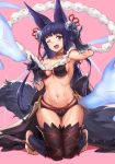  1girl ;d animal_ears bell bikini black_bikini blush bow breasts cleavage cowboy_shot erune eyebrows_visible_through_hair fang fox_ears fox_shadow_puppet fox_tail fur granblue_fantasy hair_ornament hair_ribbon hand_gesture haoni long_hair looking_at_viewer medium_breasts midriff navel one_eye_closed open_mouth purple_hair red_eyes ribbon smile spirits stomach sweatdrop swimsuit tail thigh-highs yuel_(granblue_fantasy) 