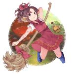  1girl back bare_arms bare_legs blue_eyes bow broom colored_eyelashes curly_hair dutch_angle elf eyelashes facing_viewer forehead from_behind full_body gnome_(seiken_densetsu) hair_ribbon highres holding holding_broom hood hood_down kneepits legend_of_mana lisa_(lom) long_legs looking_at_viewer looking_back pointy_ears pumpkin purple_bow purple_hair ribbon seiken_densetsu simple_background sketch smile solo standing tsubakimura violet_eyes white_background widow&#039;s_peak 