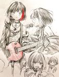  /\/\/\ 1girl :d bang_dream! bangs blush bob_cut breath chain_necklace choker electric_guitar guitar haru_hina highres holding holding_microphone hood hood_down hooded_jacket instrument jacket jewelry long_sleeves microphone mitake_ran multicolored_hair multiple_views music o_o off_shoulder open_mouth paint_stains pants pendant playing_instrument redhead short_hair shoulder_tattoo smile spot_color streaked_hair sweat sweatdrop tattoo traditional_media v-shaped_eyebrows 
