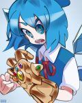  1girl artist_name avengers:_infinity_war bangs blue_bow blue_dress blue_eyes blue_hair bow cirno clenched_hand commentary cropped_torso dress english_commentary grey_background hair_bow highres ice ice_wings infinity_gauntlet neck_ribbon onionsketch open_mouth pinafore_dress puffy_short_sleeves puffy_sleeves red_neckwear red_ribbon ribbon shirt short_hair short_sleeves simple_background solo touhou upper_body white_shirt wing_collar wings 