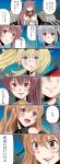  4girls 6koma absurdres black_ribbon blonde_hair blue_eyes blue_hair breasts brown_eyes brown_hair cannon cherry_blossoms commentary_request dixie_cup_hat double_bun flower gambier_bay_(kantai_collection) hair_flower hair_ornament hairband hat hat_ribbon headgear highres johnston_(kantai_collection) kantai_collection large_breasts light_brown_hair long_hair machinery military_hat multiple_girls off_shoulder ponytail ribbon samuel_b._roberts_(kantai_collection) short_hair speech_bubble tomonori-kou translation_request turret twintails two_side_up upper_body white_hat yamato_(kantai_collection) yellow_eyes 