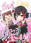  2girls :d ? anniversary armlet arms_up bang_dream! black_hair black_kimono blue_flower bow brown_hair closed_eyes commentary_request elbow_gloves floral_print flower gloves glowstick hair_bow hair_bun hair_flower hair_ornament hair_stick holding japanese_clothes kimono looking_at_viewer mitake_ran multicolored_hair multiple_girls open_mouth red_flower redhead short_hair smile star streaked_hair striped striped_bow toto_nemigi toyama_kasumi translation_request v-shaped_eyebrows violet_eyes white_flower white_gloves 
