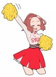  1girl :d alternate_costume alternate_hairstyle blush brown_hair cheerleader closed_eyes commentary_request do_m_kaeru okumura_haru open_mouth persona persona_5 persona_5:_dancing_star_night pom_poms ponytail short_hair smile solo twitter_username 