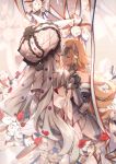  2girls absurdres armor armored_dress blonde_hair blue_flower chains dress fate/grand_order fate_(series) faulds flower fur_trim gauntlets hand_holding headpiece highres jeanne_d&#039;arc_(fate) jeanne_d&#039;arc_(fate)_(all) long_hair marie_antoinette_(fate/grand_order) multiple_girls no-kan plackart red_flower silver_hair twintails very_long_hair white_dress white_hair yuri 