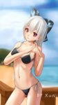  artist_name bare_shoulders beach bikini black_bikini black_bow blue_sky blurry bow breasts closed_mouth clouds collarbone commentary_request cowboy_shot depth_of_field fingers_together girls_frontline hair_bow hands_up highres hill leaning_to_the_side lips long_hair looking_at_viewer midriff navel ocean railing red_eyes side-tie_bikini silver_hair sky small_breasts striped striped_bow swimsuit tokarev_(girls_frontline) wooden_railing xu_ni 
