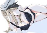  1girl bangs black_bra black_panties blonde_hair blue_eyes blush bra breasts cleavage closed_mouth collarbone expressionless graf_zeppelin_(kantai_collection) hair_between_eyes half-closed_eyes hat highres kantai_collection kimuwaipu large_breasts long_hair looking_away panties sidelocks solo twintails underwear underwear_only 