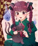  1girl :3 ahoge animal animal_ears animal_on_lap arms_up bangs braid cameo cat_earrings cat_ears commentary curtains dress dual_persona extra_ears eyebrows_visible_through_hair fang fingernails flaming_skull green_dress hair_ribbon juliet_sleeves kaenbyou_rin kaenbyou_rin_(cat) long_hair long_sleeves looking_down maruta_(shummylass) nail_polish neck_ribbon open_mouth petting pointy_ears puffy_sleeves red_eyes red_nails redhead ribbon sharp_fingernails sitting thick_eyebrows touhou tress_ribbon twin_braids wallpaper_(object) 
