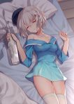  1girl bare_shoulders bed bison_cangshu blanket blue_dress blue_hat blurry bottle braid breasts closed_eyes closed_mouth collarbone cowboy_shot depth_of_field dress facing_viewer hair_ornament hairclip hands_up hat head_tilt highres holding holding_bottle lying medium_breasts on_back on_bed pillow sake_bottle short_hair short_sleeves silver_hair sleeping solo sovetsky_soyuz_(warship_girls_r) thigh-highs warship_girls_r white_legwear zettai_ryouiki 