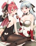  2girls angel_wings ass bangs bare_shoulders black_legwear black_leotard black_nails blue_hair braid breasts bridal_gauntlets chocolate chocolate_heart cleavage collarbone demon_girl demon_horns demon_tail demon_wings detached_collar earrings feathered_wings female fingernails food food_in_mouth fork french_braid fruit hair_between_eyes halo hand_up heart heart_cutout heart_earrings highres holding holding_fork horns jewelry large_breasts leotard light_blue_hair long_hair looking_at_viewer mole mole_under_eye multicolored_hair multiple_girls nail_polish original pantyhose pink_eyes pink_hair pink_wings pointy_ears shibainu sitting straight_hair strapless strawberry streaked_hair tail tail_cutout twintails two-tone_hair wariza white_wings wings 