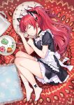 1girl alternate_costume animal_ears cake cat_ears chigusa_asuha closed_eyes cushion enmaided floral_print food food_on_face fork kemonomimi_mode long_hair lying maid maid_headdress no_shoes on_side pillow plate ponytail print_pillow qualidea_code sekiya_asami sleeping solo swiss_roll symbol_commentary wide_ponytail 