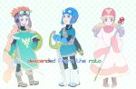  1girl 2boys belt blonde_hair blue_eyes breasts cape closed_mouth commentary_request dragon_quest dragon_quest_ii dress gloves goggles goggles_on_head goggles_on_headwear hat highres hood hood_up k_kymz long_hair looking_at_viewer multiple_boys open_mouth prince_of_lorasia prince_of_samantoria princess princess_of_moonbrook red_eyes robe spiky_hair sword weapon white_robe 