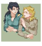  2girls apple black_hair blonde_hair dress_shirt feeding food fork fruit gelato genderswap genderswap_(mtf) highres iroha741852963 jojo_no_kimyou_na_bouken multiple_girls shirt short_hair sorbet vento_aureo widow&#039;s_peak 