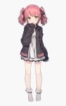 1girl bare_legs black_hoodie dress frilled_dress frills full_body green_eyes hand_to_own_mouth highres hood hood_down hoodie jacket long_sleeves open_clothes open_hoodie original pink_hair shone sleeves_past_wrists solo standing twintails 