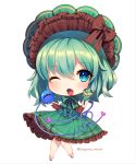 1girl alternate_costume artist_name bangs blue_eyes blush bobby_socks bow bowtie brown_bow brown_footwear brown_shirt chibi commentary_request crepe dress eyebrows_visible_through_hair food frills full_body green_bow green_dress green_hair green_neckwear hair_between_eyes hands_up hat hat_bow headdress heart heart_of_string holding holding_food komeiji_koishi lolita_fashion long_sleeves looking_at_viewer marota one_eye_closed open_mouth petticoat shirt shoes short_hair simple_background socks solo third_eye touhou twitter_username white_background white_legwear 