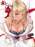  1girl 2019 bangs bare_shoulders blonde_hair blush breasts cleavage collarbone cropped_jacket dark_skin draph earrings fur_trim gloves granblue_fantasy highres horns jacket jewelry kuvira_(granblue_fantasy) large_breasts long_hair long_sleeves looking_at_viewer meropan open_mouth pointy_ears shorts simple_background sitting smile solo swept_bangs tassel thigh-highs thighs wariza white_background white_jacket wide_sleeves yellow_eyes 