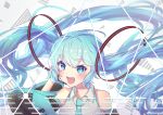  1girl :d absurdres aqua_hair aqua_neckwear bangs bare_shoulders black_sleeves blue_eyes blue_hair blush character_name collared_shirt commentary_request detached_sleeves eyebrows_visible_through_hair grey_background grey_shirt hair_between_eyes hair_ornament hand_up hatsune_miku headset highres long_hair long_sleeves looking_at_viewer necktie open_mouth shirt sidelocks sleeveless sleeveless_shirt smile solo twintails upper_body very_long_hair vocaloid wang_man wide_sleeves 