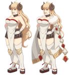 ahoge anila_(granblue_fantasy) bangs blonde_hair blunt_bangs breasts commentary_request curvy draph eyebrows eyebrows_visible_through_hair fur_trim gloves granblue_fantasy hand_on_hip highres horns large_breasts long_hair michihasu pointy_ears sheep sheep_horns short_eyebrows thick_eyebrows wavy_hair white_gloves yellow_eyes