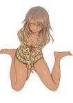  1girl blonde_hair blush breasts cleavage dark_skin guilty_gear guilty_gear_xrd kyo_niku large_breasts long_hair medium_breasts naked_shirt navel orange_eyes ramlethal_valentine shirt short_hair simple_background solo striped striped_shirt under_boob white_hair yellow_eyes 