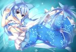  1girl bandeau bare_shoulders blue_background blue_bow blue_eyes blue_hair blue_skirt blue_theme bow closed_mouth commentary commentary_request flower_knight_girl frills full_body hair_bow hair_ornament long_hair looking_at_viewer nerine_(flower_knight_girl) ponytail shell skirt smile smileltha solo 