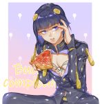  1boy black_hair blue_eyes blue_hair bob_cut bruno_buccellati cleavage_cutout eating food hair_ornament highres iroha741852963 jojo_no_kimyou_na_bouken male_focus palette_swap pizza solo vento_aureo zipper 