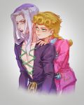  2boys black_lipstick blonde_hair blue_eyes braid bug giorno_giovanna green_eyes grey_hair hat highres insect iroha741852963 jojo_no_kimyou_na_bouken ladybug leone_abbacchio lipstick long_hair makeup male_focus multiple_boys vento_aureo yellow_eyes 