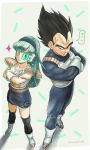  &gt;:) 1boy 1girl alternate_costume aqua_hair armor bangs black_eyes black_hair black_legwear blue_bodysuit blue_eyes blue_hairband blue_skirt blunt_bangs blush bodysuit boots bra_(dragon_ball) capsule_corp closed_mouth collarbone commentary_request crossed_arms dragon_ball dragonball_z father_and_daughter from_above frown full_body gloves grey_background hairband leg_warmers long_hair looking_at_another looking_back morinokinoko_db neck nervous older pencil_skirt saiyan scouter serious shadow shiny shiny_hair short_hair side-by-side simple_background skirt smile sparkle speech_bubble spiky_hair standing sticker sweatdrop tail translation_request twitter_username v v-shaped_eyebrows vegeta white_footwear white_gloves 