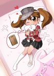  1girl bed brown_eyes brown_hair coffgirl cutting_board heart highres japanese_clothes kantai_collection kariginu one_eye_closed pillow pillow_hug ryuujou_(kantai_collection) shikigami skirt thought_bubble twintails white_legwear 