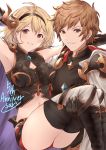  1boy 1girl bangs bare_shoulders blonde_hair blush breasts brown_eyes brown_hair cape crop_top djeeta_(granblue_fantasy) gran_(granblue_fantasy) granblue_fantasy haido_(ryuuno_kanzume) hair_ornament hairband highres looking_at_viewer medium_breasts navel parted_lips short_hair shorts simple_background smile thigh-highs thighs white_background 