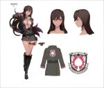  1girl amanda_(soul_worker) boots breasts brown_eyes brown_hair character_name character_sheet cleavage dark_skin dress front-tie_top knee_boots korean_text looking_at_viewer official_art shirt smile solo soul_worker tied_shirt 