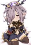  1girl artist_request bangs bare_shoulders black_legwear blush boots breasts feff672166 full_body granblue_fantasy hair_ornament hair_over_one_eye hair_stick harvin highres long_hair long_sleeves looking_at_viewer navel nio_(granblue_fantasy) pointy_ears ponytail purple_hair sitting solo thigh-highs thigh_boots violet_eyes 