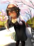  1girl :d alternate_costume anchor_symbol arms_behind_back bag bangs black_dress black_hair black_legwear blue_sky blurry blurry_background blush breasts cherry_blossoms cleavage closed_eyes collarbone day dress facing_viewer hair_between_eyes hair_ornament hairband hairclip haruna_(kantai_collection) highres holding holding_bag jacket jewelry kantai_collection large_breasts leaning_forward long_hair looking_at_viewer necklace open_clothes open_jacket open_mouth outdoors pantyhose remodel_(kantai_collection) sidelocks sky smile solo swept_bangs tree tsukui_kachou white_jacket 