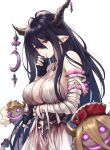  1girl antenna_hair bandage bandaged_arm bandages black_gloves black_hair breasts cleavage crescent_moon danua doll draph dress fingerless_gloves gloves granblue_fantasy gretel_(granblue_fantasy) hair_between_eyes hansel_(granblue_fantasy) highres horn_ornament horns jewelry large_breasts lips long_hair looking_at_viewer makimura_shunsuke moon necklace pointy_ears red_eyes solo thumb_to_mouth upper_body very_long_hair white_dress 