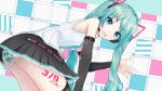  39 2018 aqua_eyes aqua_hair ass bare_shoulders commentary cowboy_shot detached_sleeves hair_ornament hatsune_miku headset leaning_forward long_hair looking_at_viewer necktie panties see-through_sleeves shirt skirt sleeveless sleeveless_shirt smile striped striped_panties tantalum thigh-highs thigh_tattoo thighs twintails underwear very_long_hair vocaloid waving 