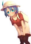  1girl absurdres backpack bag black_hair blue_eyes blue_hair blush collarbone commentary_request cowboy_shot deku_suke eyebrows_visible_through_hair feathers gloves hands_on_own_knees helmet highres kaban_(kemono_friends) kemono_friends looking_at_viewer multicolored_hair pantyhose pith_helmet shirt short_hair short_sleeves shorts smile solo t-shirt 