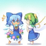  0_0 2girls :o bangs barefoot blue_bow blue_dress blue_eyes blue_hair blue_skirt blue_vest blush_stickers bow chibi chima_q cirno commentary_request daiyousei dress eyebrows_visible_through_hair fairy_wings flower flying_sweatdrops food from_side full_body hair_between_eyes hair_bow halftone halftone_background hands_on_hips hands_up ice ice_wings jitome leaf looking_at_another mouth_hold multiple_girls neck_ribbon one_side_up parted_lips pinafore_dress plant popsicle profile puffy_short_sleeves puffy_sleeves purple_flower red_neckwear red_ribbon ribbon shadow shirt short_hair short_sleeves skirt skirt_set smile standing sunflower tanned_cirno touhou vest vines white_background white_shirt wings yellow_bow 