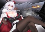  1girl absurdres azur_lane black_background black_hat black_legwear bra breasts brown_gloves cleavage coat collared_shirt fur_trim gloves graf_zeppelin_(azur_lane) hair_between_eyes hat highres huge_filesize iron_cross jacket_on_shoulders lace lace-trimmed_bra large_breasts legs_crossed long_hair long_sleeves looking_at_viewer military military_hat military_uniform miniskirt outstretched_hand pantyhose parted_lips shirt silver_hair simple_background sitting skirt solo surota underwear uniform violet_eyes white_bra 