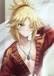 1girl blonde_eyebrows blonde_hair blush breasts cleavage collarbone eyebrow_cut fate/apocrypha fate_(series) female_only frown green_eyes hand_behind_head highres looking_at_viewer mordred_(fate)_(all) necktie no_bra one_eye_closed painterly ponytail rating short_hair small_breasts solo tonee