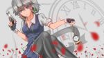  1girl beretta_92 blue_eyes chains clock fingerless_gloves gloves green_ribbon grey_background grey_hair gun hair_between_eyes handgun highres izayoi_sakuya looking_at_viewer maid neck_ribbon pantyhose pasoputi petals ribbon roman_numerals rose_petals shell_casing sidelocks skirt solo stopwatch the_embodiment_of_scarlet_devil touhou watch weapon wrist_cuffs 