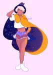  1girl artist_name brown_eyes cape constellation crescent_moon crop_top dark_skin eyes_visible_through_hair full_body hand_on_head hat highres looking_at_viewer meyoco moon navel orange_cape original purple_background purple_shorts shirt shoes short_hair short_shorts short_sleeves shorts simple_background smile solo sparkle standing white_footwear white_hair white_shirt witch_hat 