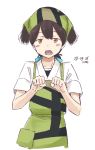  :o animal_ears apron artist_name black_shirt blue_ribbon brown_eyes brown_hair claw_pose dated dog_ears dougi fake_animal_ears folded_ponytail hair_ribbon kantai_collection kasuga_maru_(kantai_collection) kawashina_(momen_silicon) long_hair looking_at_viewer ribbon shirt short_sleeves simple_background taiyou_(kantai_collection) tareme undershirt upper_body white_background 