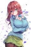  1girl artist_name blue_eyes blue_sweater blush breasts brown_legwear cleavage closed_mouth collarbone commentary_request eyebrows_visible_through_hair eyes_visible_through_hair go-toubun_no_hanayome green_skirt hair_between_eyes headphones headphones_around_neck highres korean_commentary large_breasts long_hair looking_to_the_side maett nakano_miku pantyhose petals pleated_skirt pout redhead school_uniform shirt sidelocks simple_background skirt solo standing sweater white_shirt 