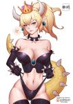  1girl absurdres anger_vein artist_name black_gloves black_legwear black_panties blonde_hair blue_earrings blue_eyes bowsette bracelet breasts cleavage collar collarbone cowboy_shot crop_top crown dress earrings elbow_gloves fang_out gloves highres horns jewelry large_breasts looking_at_viewer midriff navel nintendo no_pants panties panty_pull patreon_logo pink_lips pointy_ears ponytail simple_background solo speech_bubble spiked_armlet spiked_bracelet spiked_collar spiked_tail spikes spoken_anger_vein strapless strapless_dress super_crown tail thigh-highs underwear white_background xili_fish 