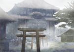  absurdres bare_tree building clouds cloudy_sky highres no_humans original outdoors overcast scenery shaka_(staito0515) shrine sky stairs stone_stairs torii tree tree_branch window 