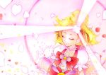  1girl absurdres blonde_hair bow closed_eyes cure_flora dress flower flower_necklace glowing go!_princess_precure hair_flower hair_ornament haruno_haruka henshin highres jewelry marker_(medium) mikan_(mikataaaa) necklace petals precure puffy_short_sleeves puffy_sleeves short_sleeves solo traditional_media 