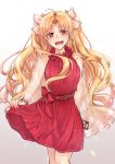  1girl :d ahoge blonde_hair bow box cross cross_necklace dress earrings ereshkigal_(fate/grand_order) eyebrows_visible_through_hair fate/grand_order fate_(series) floating_hair hair_between_eyes hair_bow holding holding_box jewelry looking_at_viewer necklace open_mouth red_bow red_dress red_eyes red_ribbon ribbon short_dress simple_background skirt_hold sleeveless sleeveless_dress smile solo standing takamatsu_(yamajiai) white_background white_bow 